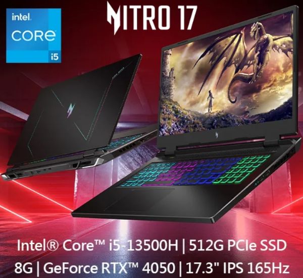 圖片 ~聯迅科技~電競筆電 acer Nitro AN17-51-53ZK (i5-13500H/RTX4050 6G/8G DDR5/512 PCIe/17.3吋 FHD 165Hz/W11) 自取優惠洽詢