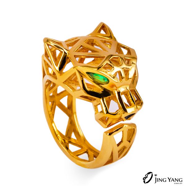 圖片 黃金男戒指-鏤空綠眼豹