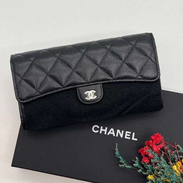 圖片 【哈極品】全新品現貨《CHANEL 香奈兒 黑銀 荔枝皮 掀蓋二折信封長夾/皮夾》