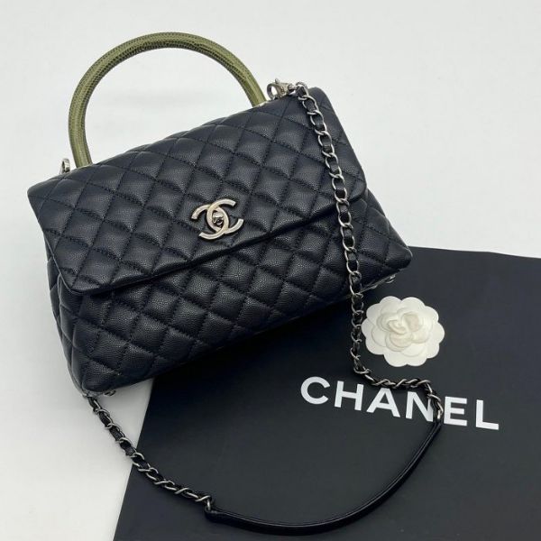 圖片 【哈極品】美品《CHANEL 香奈兒 黑銀荔枝皮紋蟒蛇皮HANDLE中款鍊包/肩背包/斜背包/手提包》