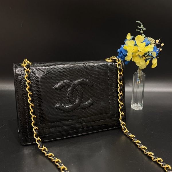 圖片 【哈極品】美品《CHANEL 香奈兒 黑色蜥蜴皮雙C掀蓋鍊條斜背包/肩背包》