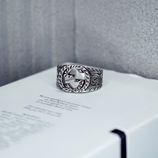圖片 GUCCI INTERLOCKIN G 雙G復古雕刻戒指 925銀 古馳