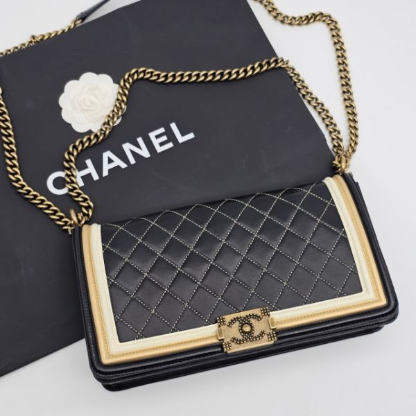 圖片 【哈極品】美品《CHANEL 香奈兒 拼色 羊皮 菱格30公分boy鍊包/肩背包/斜背包》