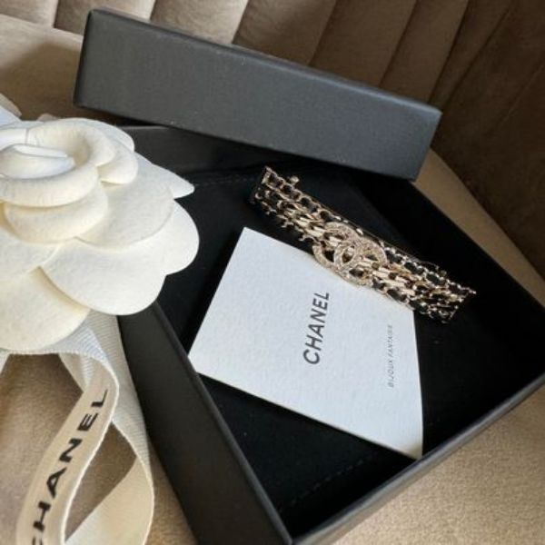 圖片 Chanel 24p 黑金編織水鑽髮夾