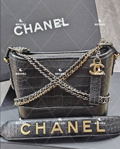 圖片 CHANEL GABRIELLE HOBO 鱷魚壓紋 黑色牛皮 流浪包 小號   