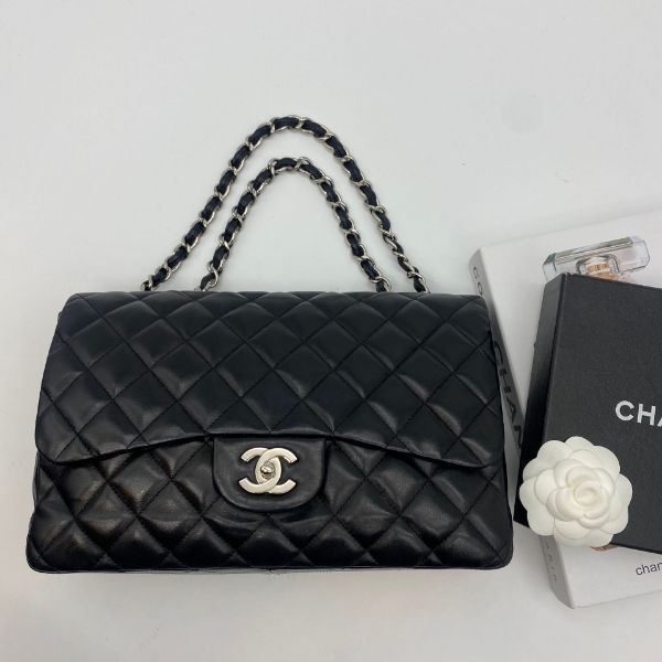 圖片 【哈極品】美品《CHANEL 香奈兒 黑色 羊皮 菱格紋 銀扣 JUMBO CF 二用包/斜背包/肩背包》 