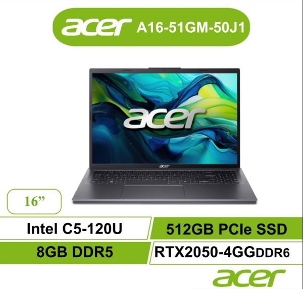 圖片 ⭐️acer Aspire A16-51GM-50J1 金屬灰 宏碁強效戰鬥款筆電/Intel® Core™ 5 processor 120U/RTX2050/8GB DDR5/512GB PCIe/16吋 WUXGA/W11⭐️