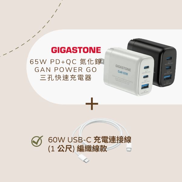 圖片 配件優惠組合包 - Gigastone 65W PD+QC 氮化鎵GaN Power Go 三孔快速充電器＋60W USB-C 充電連接線 (1 公尺) 編織線款