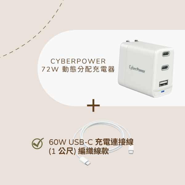 圖片 配件優惠組合包 - CyberPower 72W 動態分配充電器＋60W USB-C 充電連接線 (1 公尺) 編織線款