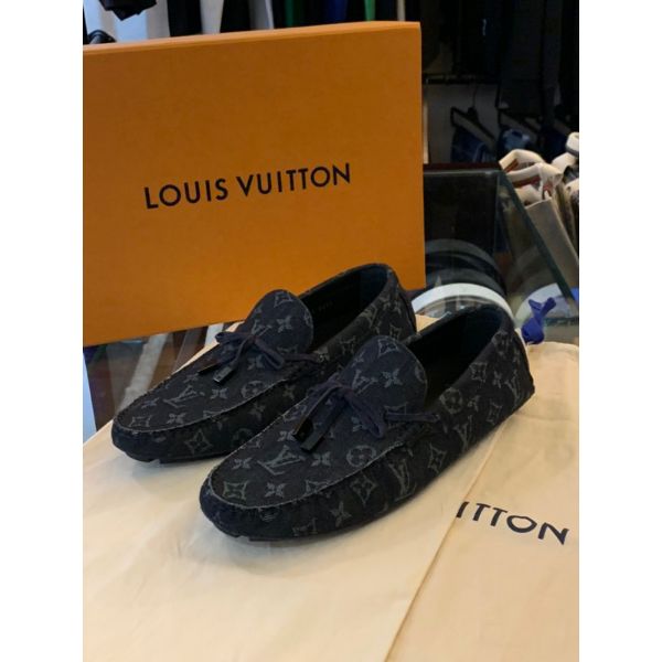 圖片 Louis Vuitton LV黑色滿版老花Logo設計 牛仔布 男生 男款 豆豆鞋 現貨