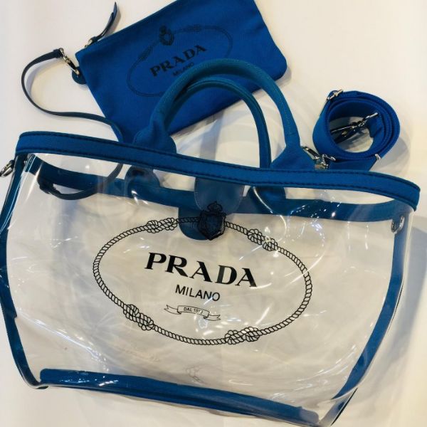 圖片 【哈極品】美品《PRADA 藍邊透明提背二用購物包 /托特包/海灘包》