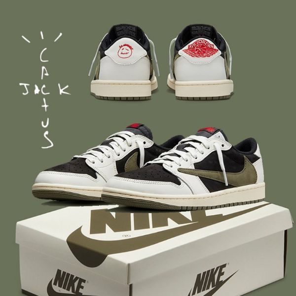 圖片 TRAVIS SCOTT x AIR JORDAN 1 OG OLIVE 黑綠 倒鉤 5.0 低筒休閒鞋 ( DZ4137-106)