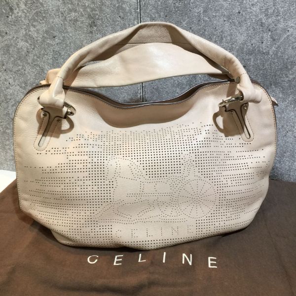 圖片 【哈極品】二手品《CELINE 粉膚色 全皮 雷刻洞洞 馬車Logo 肩背包》