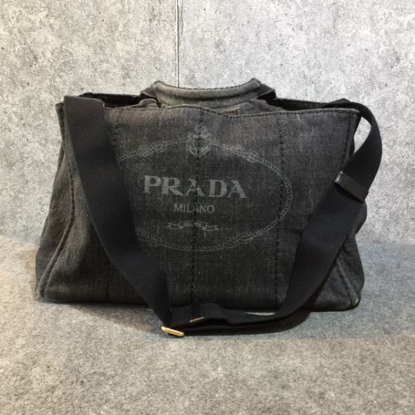 圖片 【哈極品】二手品《PRADA 黑色單寧布 帆布沙灘包 手提包/斜背包/肩背包》