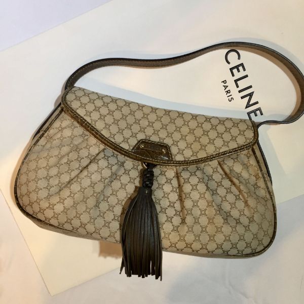 圖片 【哈極品】美品《CELINE 緹花布拼墨綠鱷魚壓紋皮革肩背包 /側肩包》