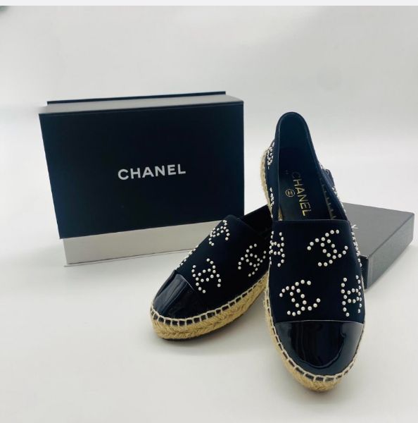 圖片 【哈極品】二手品《CHANEL 香奈兒黑色布面珍珠雙Ｃ草編鉛筆鞋 ＃38》