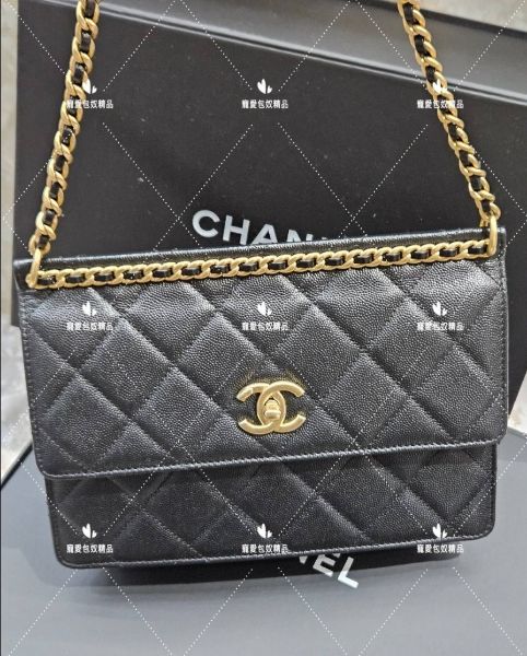 圖片 Chanel 荔枝黑金 梯形 翻蓋 鏈條 斜背包