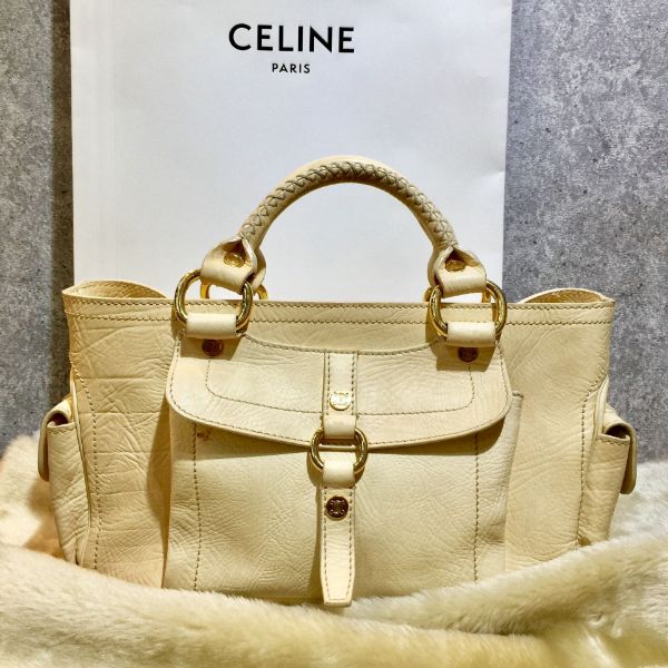 圖片 【哈極品】二手品《CELINE 鵝黃色 全皮 金釦 手提包》