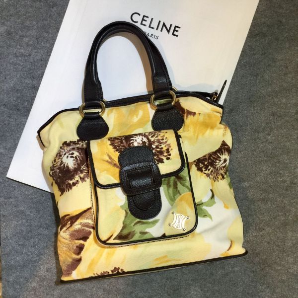 圖片 【哈極品】特價-美品《CELINE 黃色 帆布拼皮革 花卉圖案 手提包》