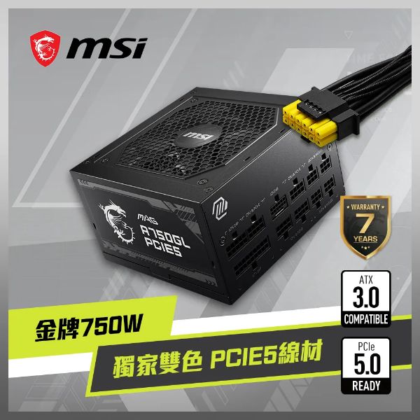 圖片 微星 MAG A750GL PCIE5 750W 雙8/金牌/全模組/ATX3.0/7年保