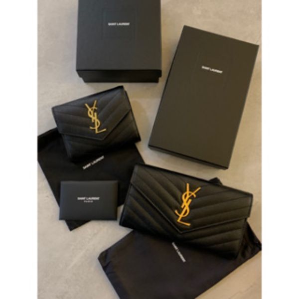 圖片 YSL Saint Laurent 聖羅蘭 經典金扣魚子醬牛皮V字縫線黑色 三折短夾、長夾