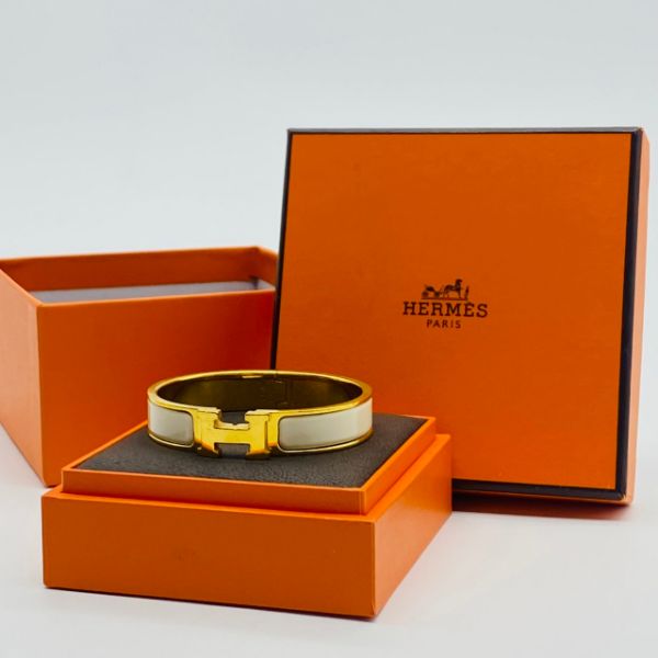 圖片 【哈極品】二手品《Hermes 愛馬仕 白色 Clic H LOGO 琺瑯細版手環》