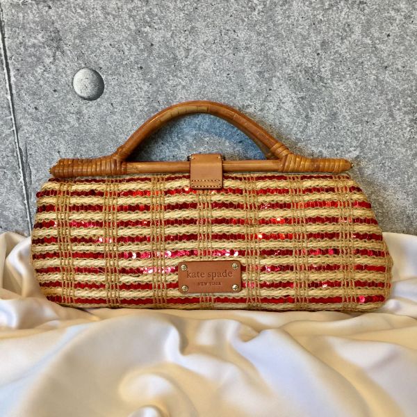 圖片 【哈極品】二手品《Kate spade 駝色麻編亮片手提包 /手拿包》