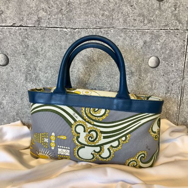 圖片 【哈極品】二美手品《EMILIO PUCCI 彩繪 布面拼藍色皮革 手提包》