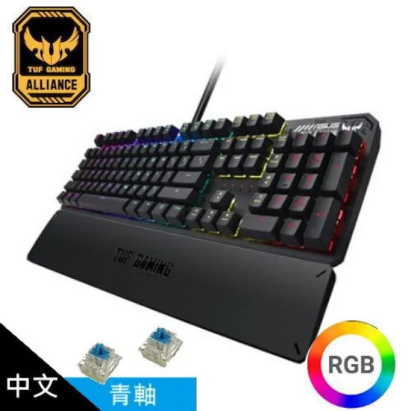 圖片 華碩 Tuf Gaming K3 機械式鍵盤/有線/青軸/中文/RGB/磁性腕托/鋁合金框架