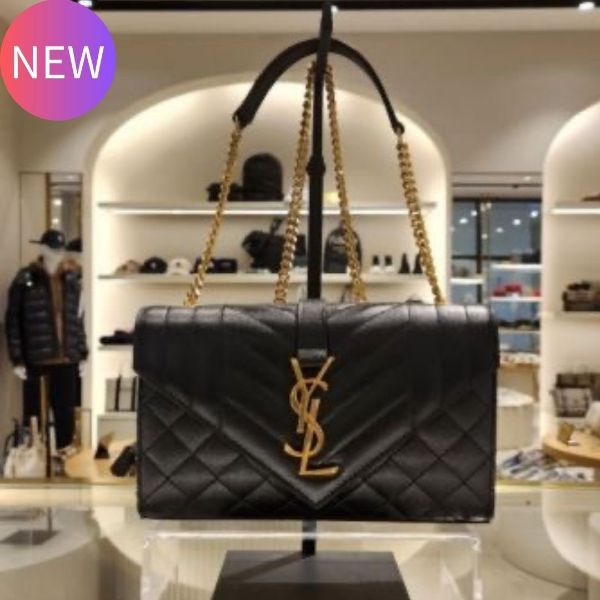 圖片 Saint Laurent YSL 600195 三種衍縫粒面壓紋皮革信封包 黑色及金色Logo《2024季度新品》