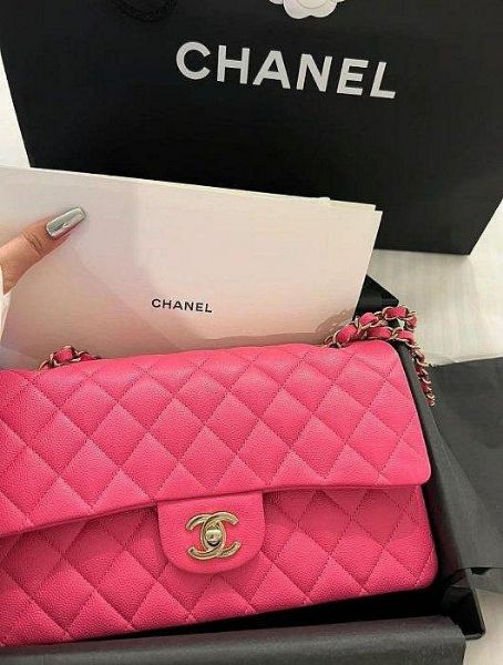 Chanel CF 中型羊皮鍊帶包 芭比粉銀鍊