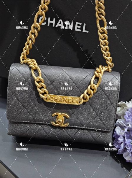 圖片 CHANEL 經典復古金 荔枝深灰牛皮 斜背包   