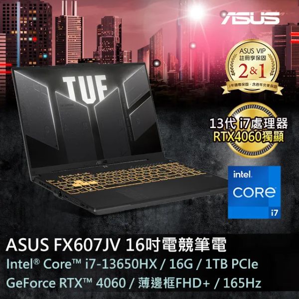 圖片 華碩 TUF i7-13650HX/RTX4060/16G/1T/16吋 御鐵灰 FX607JV-0103B13650HX