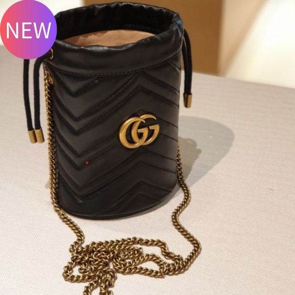 圖片 Gucci GG Marmont 575163 絎縫抽繩迷你水桶包 黑色《2024季度新品》