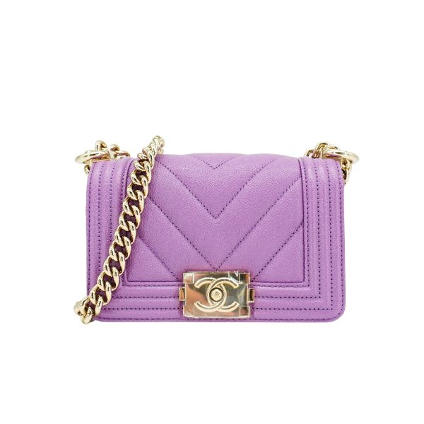 圖片 Chanel Mini Boy 粒紋牛皮淡金釦壓邊斜背包-15cm(A67364-紫)