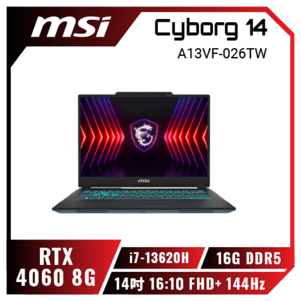 圖片 MSI Cyborg 14 A13VF-026TW 微星13代輕薄戰鬥電競筆電/i7-13620H/RTX4060 8G/16G DDR5/512GB PCIe/14吋 16:10 FHD+ 144Hz/W11/藍色背光電競鍵盤🎈送保護套/滑鼠墊/鍵盤膜🎈