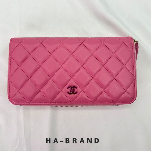 圖片 【哈極品】二手美品 《CHANEL 粉色雙Ｃ菱格紋ㄇ拉鍊長夾 保卡 尺寸：20x11》