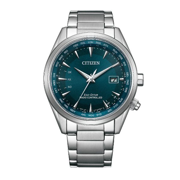 圖片 日本CITIZEN星辰 Eco-Drive 簡約三針電波光動能萬年曆腕錶 CB0270-87L 藍綠面