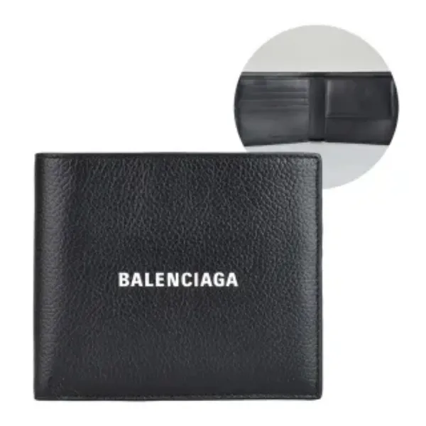 圖片 Balenciaga 巴黎世家 BALENCIAGA字母LOGO荔枝紋小牛皮4卡對折釦式零錢短夾(黑