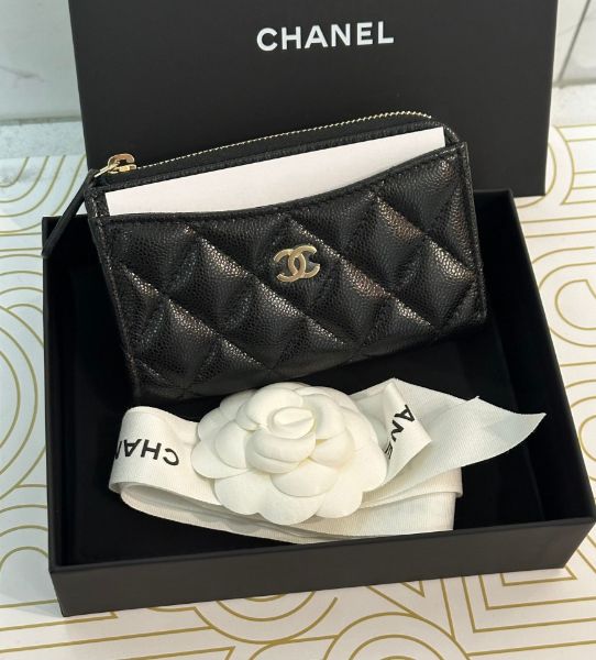 圖片 CHANEL 香奈兒 新款 AP3179 金色Logo 荔枝皮革拉鏈卡夾零錢包 黑色