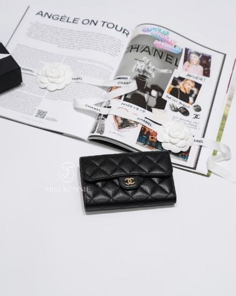 圖片 CHANEL Coco荔枝牛皮掀蓋中夾(直式)-黑色/金釦