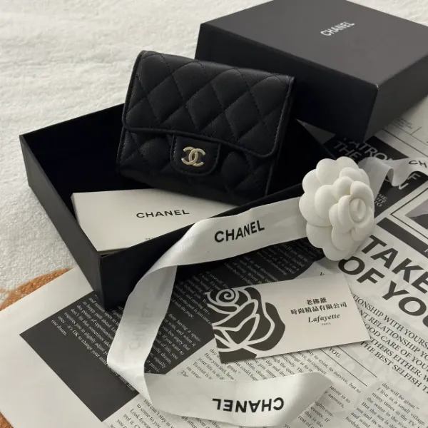 圖片 CHANEL COCO 黑金荔枝牛皮零錢袋內裡短夾