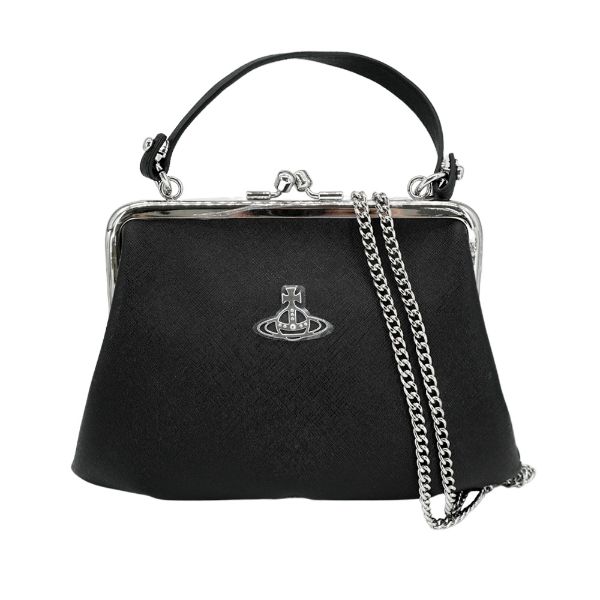 圖片 Vivienne Westwood 防刮皮革銀色土星轉釦兩用斜背包(黑)