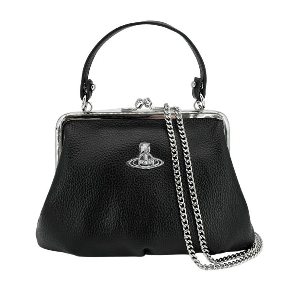 圖片 Vivienne Westwood 荔枝皮革銀色土星轉釦兩用斜背包(黑)