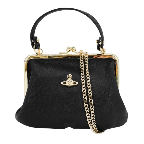 圖片 Vivienne Westwood 防刮皮革金色土星轉釦兩用斜背包(黑)