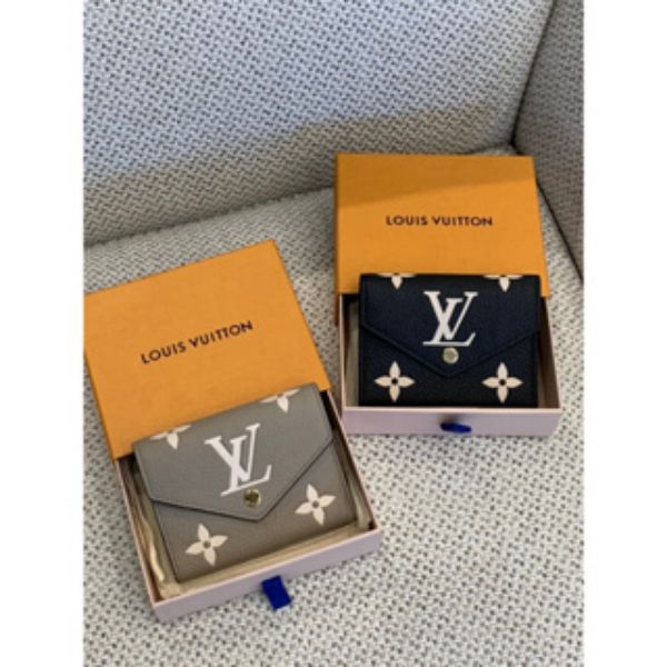 圖片 Louis Vuitton LV 斑鳩灰、黑米色 壓紋Logo設計 女生短夾 三折短夾