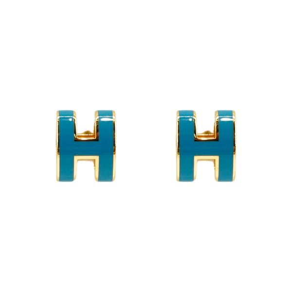 圖片 Hermes Pop H 立體簍空橢圓logo耳環-mini(牛仔藍/金)