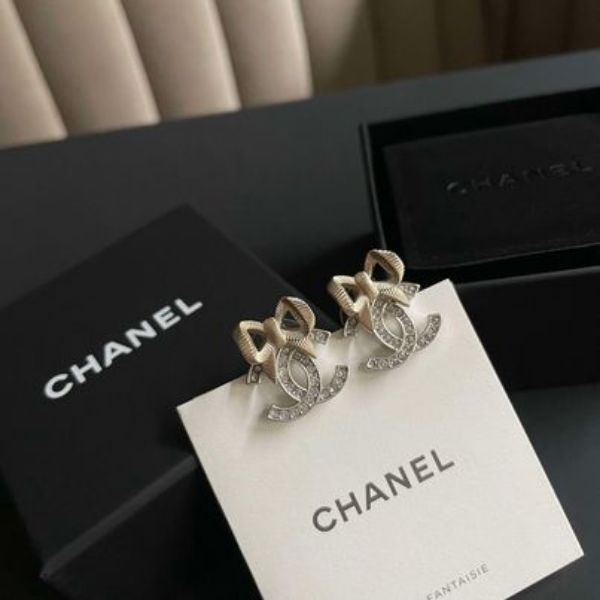 圖片 Chanel 24k 金銀水鑽蝴蝶結耳針