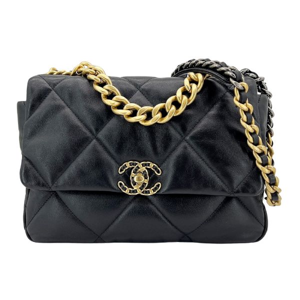 圖片 Chanel 展示品 19 菱格羊皮雙色鍊帶手提/肩背包-30cm(AS1161-黑)