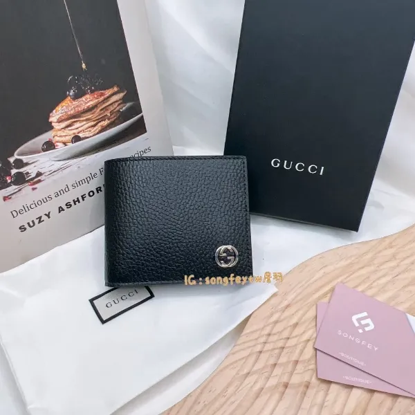 圖片  Gucci 荔枝牛皮拚色 雙G 男短夾 零錢袋短夾